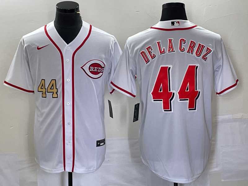 Men%27s Cincinnati Reds #44 Elly De La Cruz Number White Cool Base Stitched Baseball Jersey